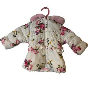 Rothschild Infant Girls Winter Parka 6 - 9 Months White Pink Roses Hood